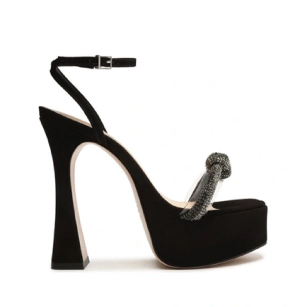 Black Platform High Heel Sandals with Crystal Knot Strap